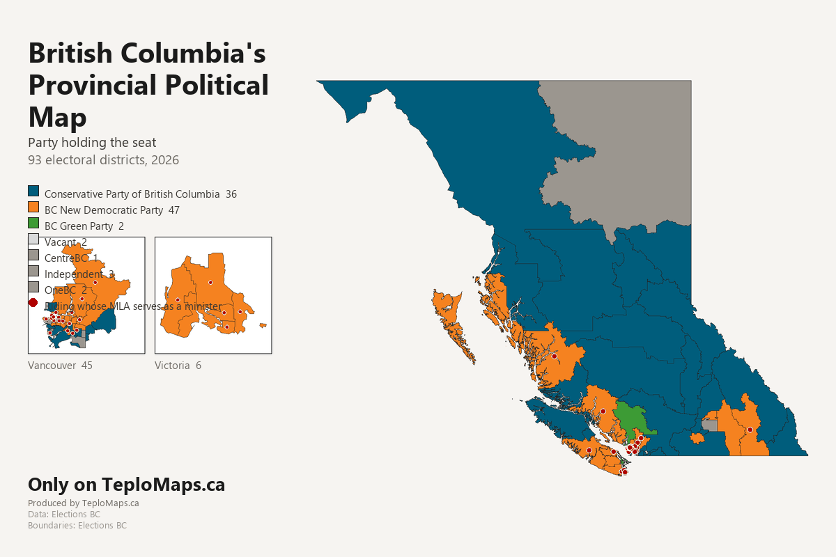 Map of British Columbia showing party holding the seat for each of its 93 ridings. 36 Conservative Party of British Columbia, 47 BC New Democratic Party, 2 BC Green Party, 2 Vacant, 1 CentreBC, 3 Independent, 2 OneBC. Riding whose MLA serves as a minister is marked with a dot.