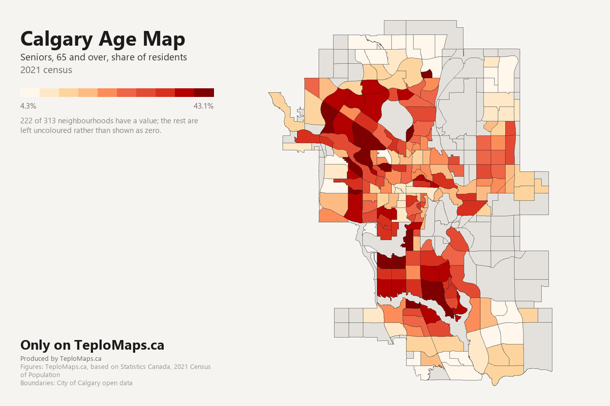 Choropleth map of Calgary showing seniors (65+) by neighbourhood, 2021 census. 222 neighbourhoods shaded in 10 bands from 4.3% to 43.1% Aged 65 and over; areas with no recorded value are left uncoloured.