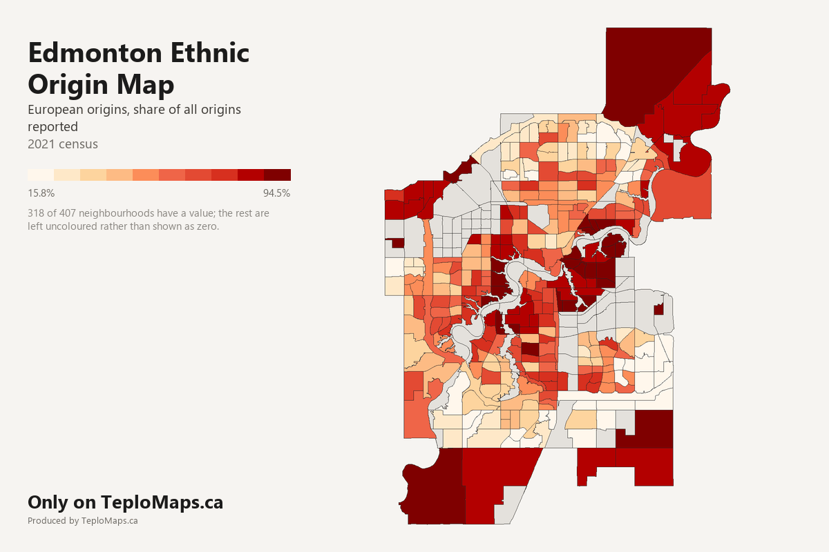 Choropleth map of Edmonton showing European by neighbourhood, 2021 census. 318 neighbourhoods shaded in 10 bands from 15.8% to 94.5% European origins; areas with no recorded value are left uncoloured.