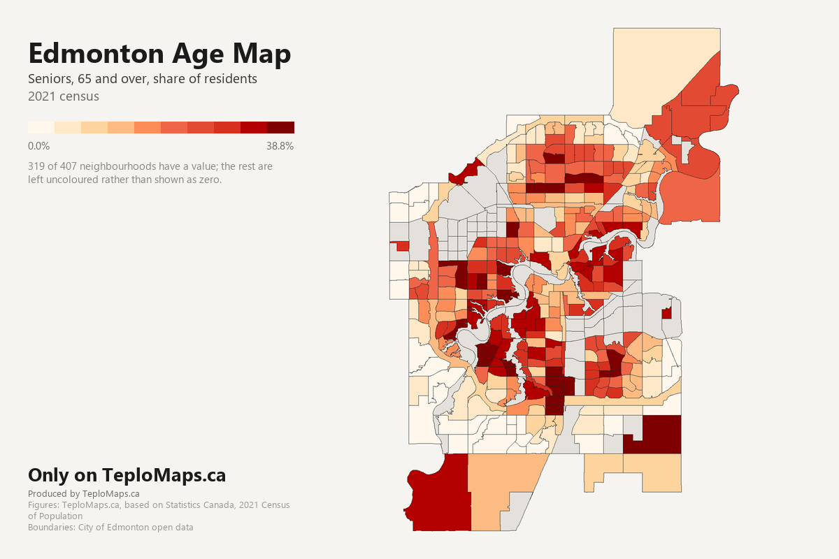 Choropleth map of Edmonton showing seniors (65+) by neighbourhood, 2021 census. 319 neighbourhoods shaded in 10 bands from 0.0% to 38.8% Aged 65 and over; areas with no recorded value are left uncoloured.