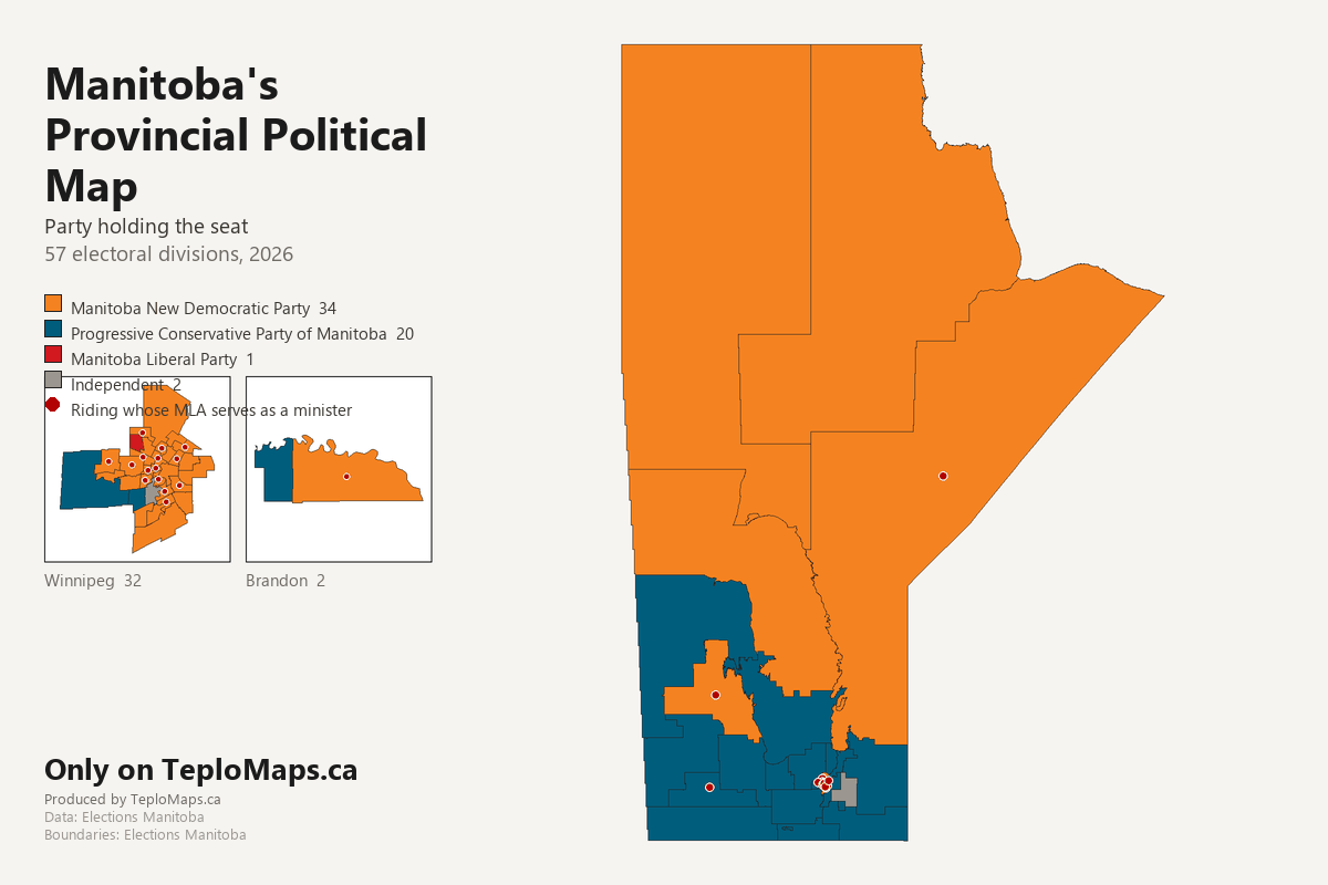 Map of Manitoba showing party holding the seat for each of its 57 ridings. 34 Manitoba New Democratic Party, 20 Progressive Conservative Party of Manitoba, 1 Manitoba Liberal Party, 2 Independent. Riding whose MLA serves as a minister is marked with a dot.