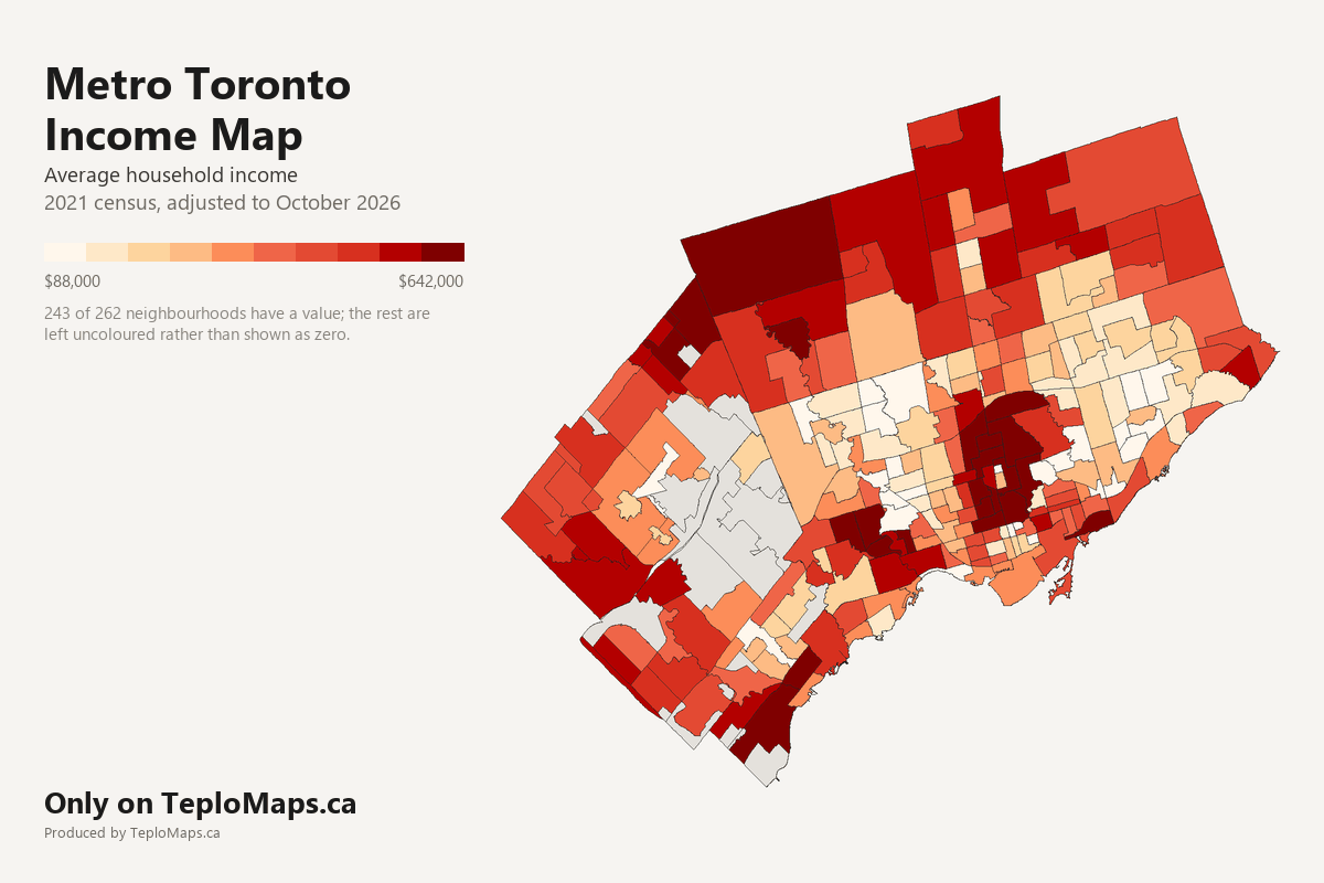 Choropleth map of Metro Toronto showing average household income by neighbourhood, 2021 census, adjusted to October 2026. 243 neighbourhoods shaded in 10 bands from $88,000 to $642,000 on average; areas with no recorded value are left uncoloured.