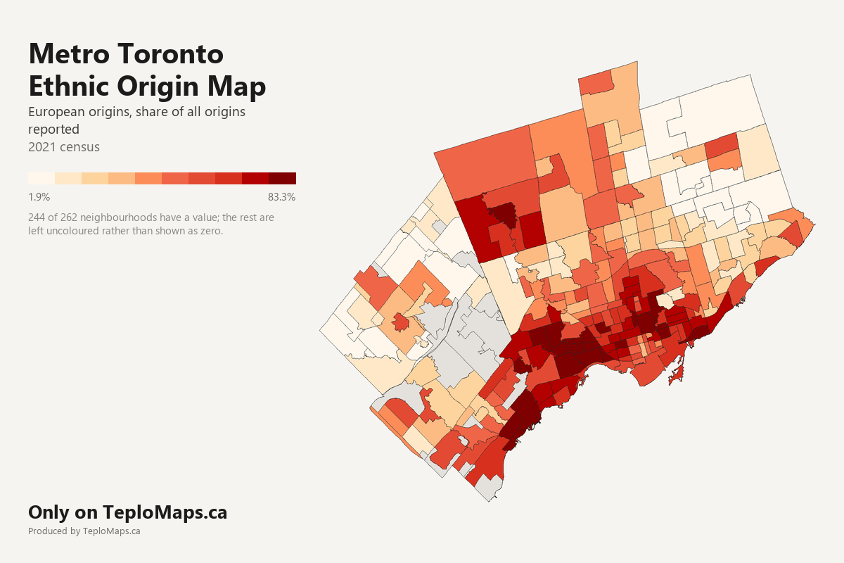 Choropleth map of Metro Toronto showing European by neighbourhood, 2021 census. 244 neighbourhoods shaded in 10 bands from 1.9% to 83.3% European origins; areas with no recorded value are left uncoloured.
