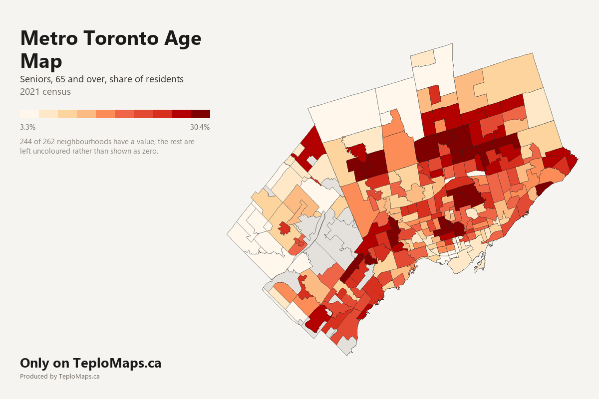 Choropleth map of Metro Toronto showing seniors (65+) by neighbourhood, 2021 census. 244 neighbourhoods shaded in 10 bands from 3.3% to 30.4% Aged 65 and over; areas with no recorded value are left uncoloured.