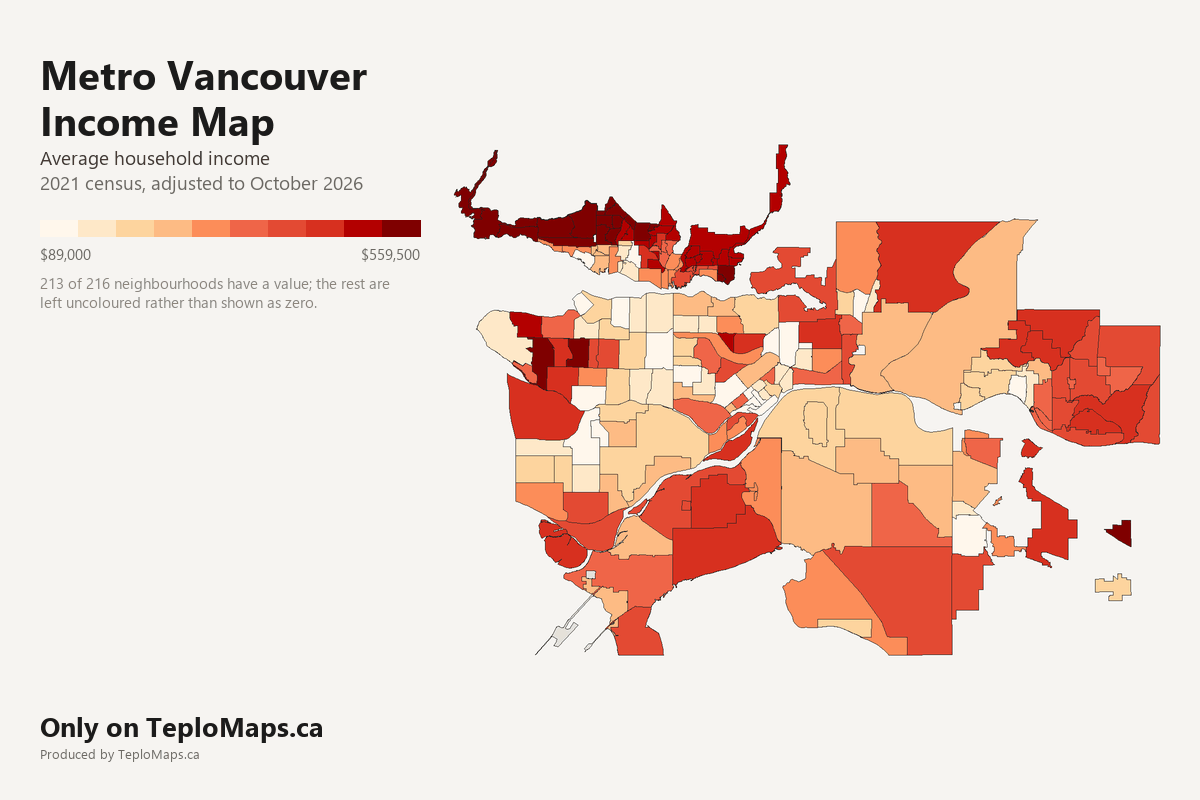 Choropleth map of Metro Vancouver showing average household income by neighbourhood, 2021 census, adjusted to October 2026. 213 neighbourhoods shaded in 10 bands from $89,000 to $559,500 on average; areas with no recorded value are left uncoloured.