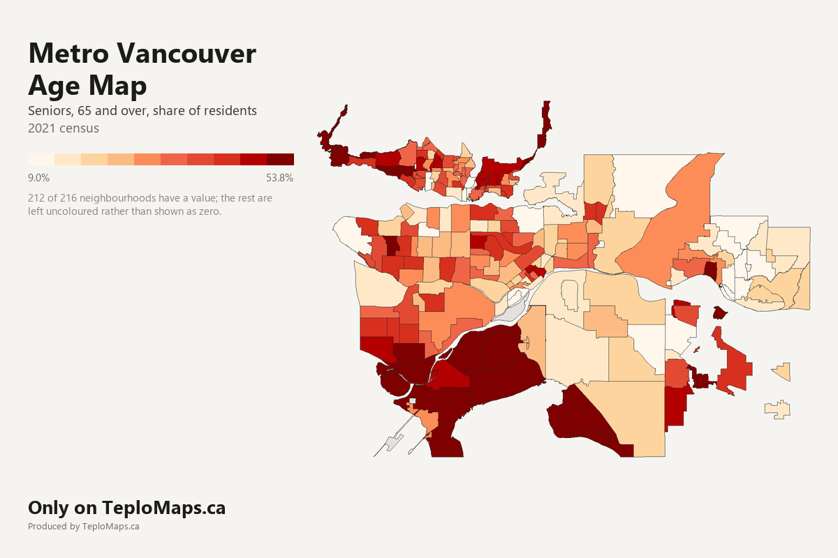 Choropleth map of Metro Vancouver showing seniors (65+) by neighbourhood, 2021 census. 212 neighbourhoods shaded in 10 bands from 9.0% to 53.8% Aged 65 and over; areas with no recorded value are left uncoloured.