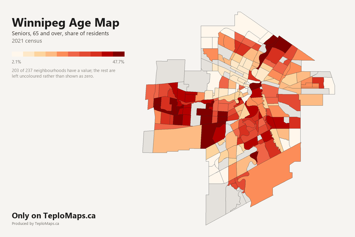 Choropleth map of Winnipeg showing seniors (65+) by neighbourhood, 2021 census. 203 neighbourhoods shaded in 10 bands from 2.1% to 47.7% Aged 65 and over; areas with no recorded value are left uncoloured.